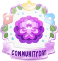 Pikmin Bloom Community Day badge, featuring artwork of a blue dahlia.