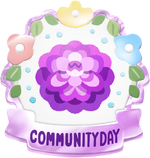 Pikmin Bloom Community Day badge, featuring artwork of a blue dahlia.