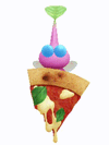 An animation of a winged Pikmin with a slice of pizza from Pikmin Bloom.