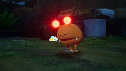 A Bulborb at night with glowing red eyes, with some mysterious crystals in the background, in Pikmin 4.