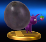 The trophy for a Purple Pikmin in the Wii U version of Super Smash Bros. for Nintendo 3DS and Wii U, carrying a single Dusk Pustule.