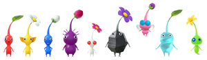 An unofficial edit of an official piece of artwork (File:Pikmin 4 Pikmin types and Oatchi.png and File:Glow Pikmin.png), depicting the nine main types of Pikmin standing in the order they were first introduced to the series.
