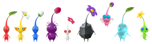 An unofficial edit of an official piece of artwork (File:Pikmin 4 Pikmin types and Oatchi.png and File:Glow Pikmin.png), depicting the nine main types of Pikmin standing in the order they were first introduced to the series.