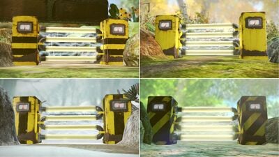 The 4 designs of electric gates in Pikmin 3 Deluxe, edited together into 1 image.