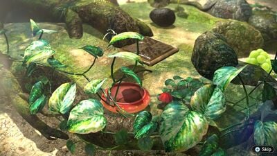 The plateau in the Tropical Wilds with a Bouncy Mushroom leading to a seesaw block with a Scaly Custard on the side, as seen in a cutscene when a player reaches the high point with the Armored Cannon Larva.