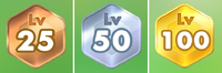 The three tiers of the level badge as shown in a player's profile in Pikmin Bloom.