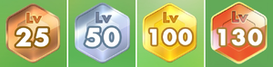 The four tiers of the level badge as shown in a player's profile in Pikmin Bloom.