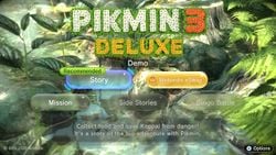 The title screen for the Pikmin 3 Deluxe demo, after pressing  and .