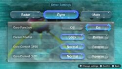 The gyro settings in the pause menu of Pikmin 3 Deluxe, with the "On" setting selected to see the other options (the first option is set to "Off" by default).
