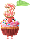 A Red Special Decor Pikmin with 3rd Anniversary Cupcake decor from Pikmin Bloom.