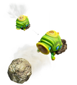 Renders of an Armored Cannon Larva launching a boulder, from the Japanese Pikmin Garden website.