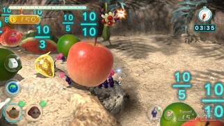 Purple Pikmin carrying a lot of fruit through the Thirsty Desert Remix.