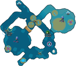 Labeled map of sublevel 1 of the Subterranean Swarm. Numbers next to treasures indicate weight/Sparklium.