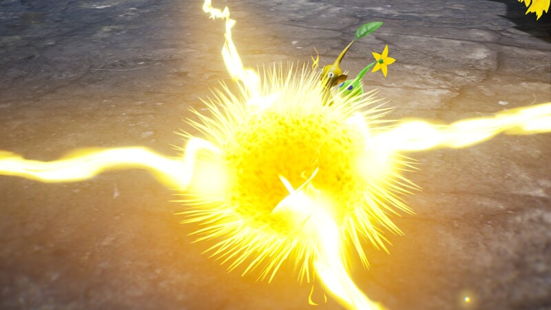 File:Yellow and Glow Pikmin destroying an Ancient Sirehound electric phase fur ball.jpg