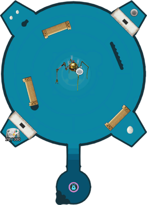 Labeled map of sublevel 5 of the Ultimate Testing Range. Numbers next to treasures indicate weight/Sparklium.