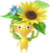 A Yellow Special Decor Pikmin with Flower Crown decor from Pikmin Bloom.