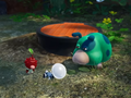 The Olimar-like character and the Oatchi-like creature standing next to a castaway.