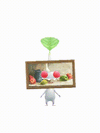 An animation of a White Pikmin with a Picture Frame from Pikmin Bloom.