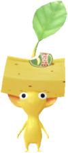 A yellow Decor Pikmin with the second Supermarket costume.