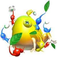 The Yellow Wollywog under attack from various Pikmin.