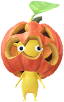 A Yellow Special Decor Pikmin with Jack-o'-lantern decor from Pikmin Bloom.