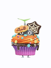 An animation of a rock Pikmin with a Halloween cupcake from Pikmin Bloom.