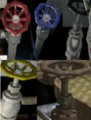 A montage showing the control valves appearing in Pikmin 3. The white valve appears in the Corroded Maze, whereas the others appear in the Clockwork Chasm.