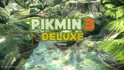 The title screen for the Pikmin 3 Deluxe demo, before pressing  and .