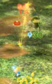 A Swooping Snitchbug being attacked from behind by Yellow Pikmin in the Tropical Forest.