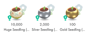 A screenshot of a Huge Seedling, Gold Seedling, and Silver Seedling as seen in the seedling list in Pikmin Bloom.