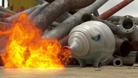 A scene from Occupational Hazards, when a Red Pikmin withstands the flames of the Fiery Blowhog.