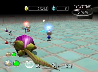 After death, the Ranging Bloyster's body shrinks down, but can be seen if the camera is zoomed in enough. Here, it is visible below the Pikmin counter's slash.