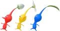 Artwork of a Red Pikmin, a Yellow Pikmin, and a Blue Pikmin.