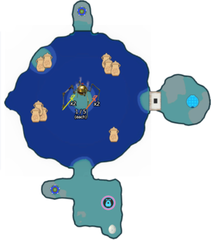 Labeled map of sublevel 9 of the Cavern for a King. Numbers next to treasures indicate weight/Sparklium.
