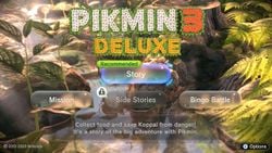 The title screen in Pikmin 3 Deluxe as it appears when the game is first started, with the Side Stories mode locked and the Recommended sign over Story mode.