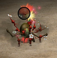 Red Pikmin swarming a fallen Swooping Snitchbug.