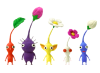 The five types of Pikmin from Pikmin 2.