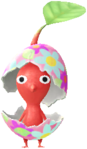 An event Red Decor Pikmin wearing a colorful Easter egg.