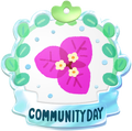 Pikmin Bloom Community Day badge, featuring artwork of a red bougainvillea.