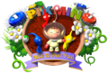 Artwork of Captain Olimar and one Pikmin of each type from Pikmin. The message reads "Nice to meet you!"