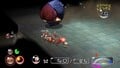 A Segmented Crawbster rolling towards Captain Olimar as his Pikmin.