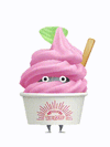 An animation of a rock Pikmin with a cup of ice cream from Pikmin Bloom.