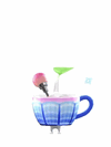 An animation of a White Pikmin with a Coffee Cup (Rare) from Pikmin Bloom.