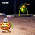 A Swooping Snithcbug in the Aerial Incinerator Dandori Challenge, along with Oatchi, the player and some Pikmin.