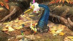 A promotional image of some Pikmin fighting a Burrowing Snagret. From https://topics.nintendo.co.jp/article/cf7a50af-03e5-4b49-bff4-0db5fbc3b3cc