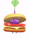 An animation of a Purple Pikmin with a Burger from Pikmin Bloom.