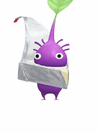 An animation of a Purple Pikmin with a piece of cheese from Pikmin Bloom.