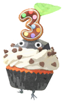 Lifelog artwork of a Rock Special Decor Pikmin with 3rd Anniversary Cupcake decor from Pikmin Bloom.