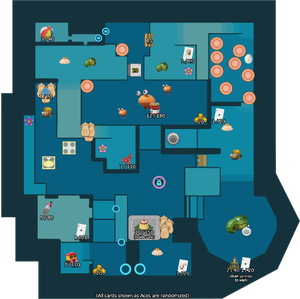 Labeled map of sublevel 1 of the Dream Home. Numbers next to treasures indicate weight/Sparklium.