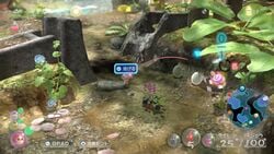 A screenshot from a promotional video on Pikmin 3 Deluxe, showing the player knocking down a Pellet Posy on the way to the area past the cinder block. 2 nectar eggs are visible, the only change in object placement observed at this point in the time before the game's release. From https://youtu.be/hSujRBzq9QE?t=39